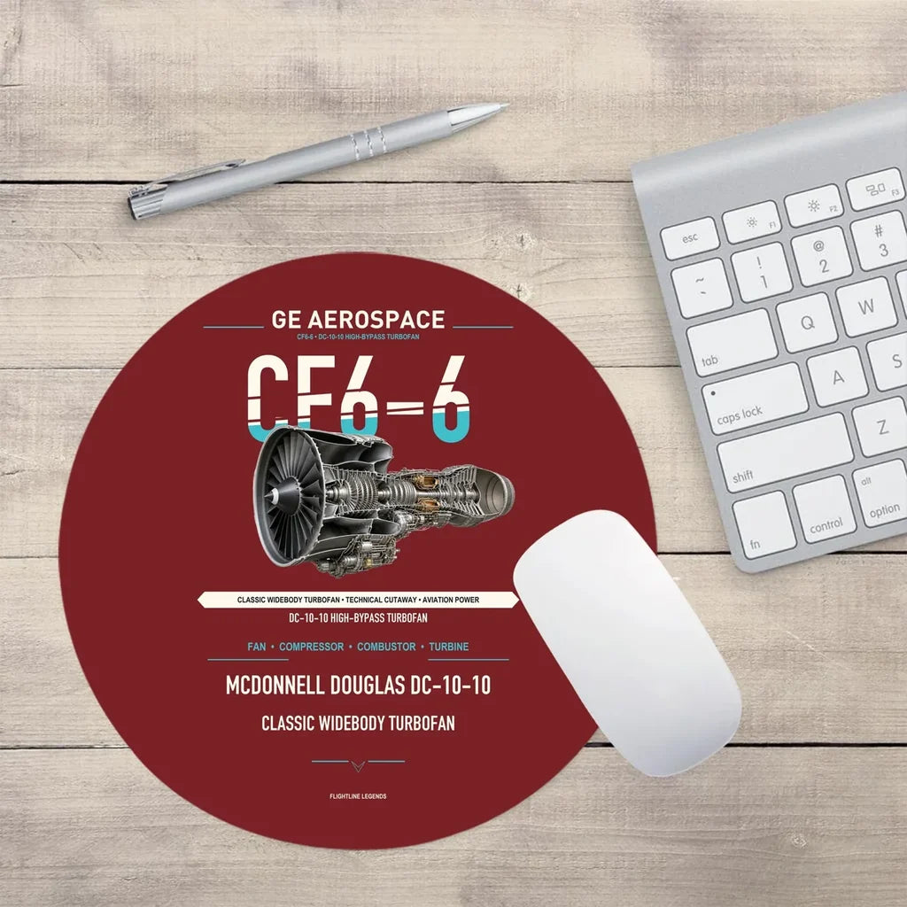 CF6-6 design on dark red round mouse pad