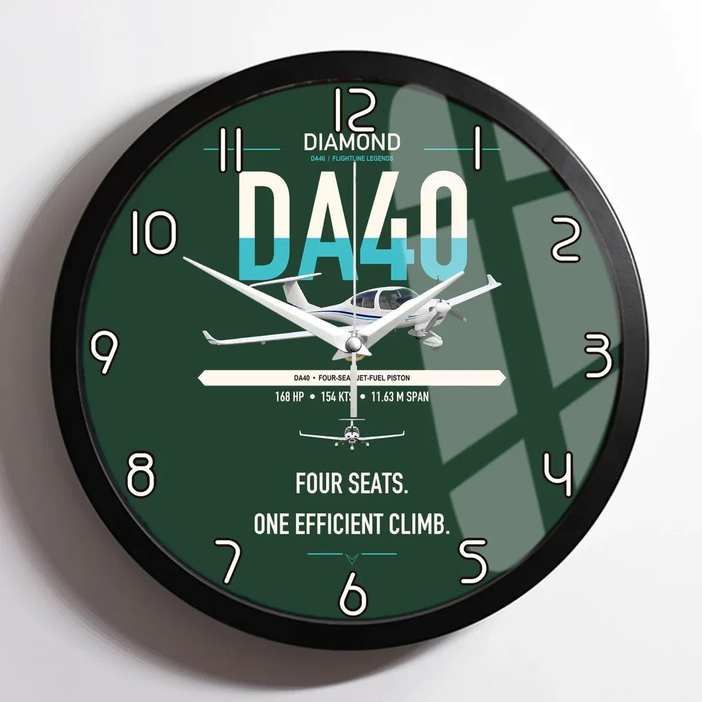 Diamond DA40 design on dark green framed wall clock