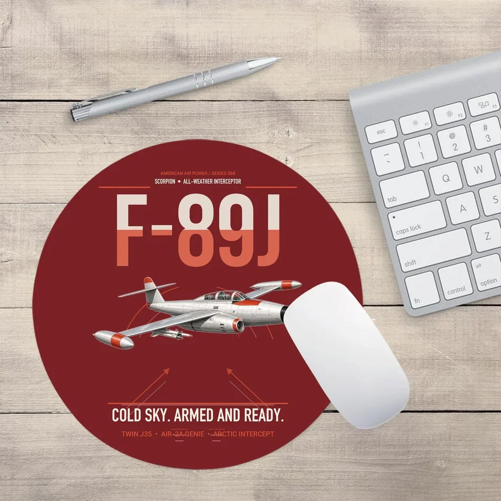 F-89J Scorpion design on dark red round mouse pad
