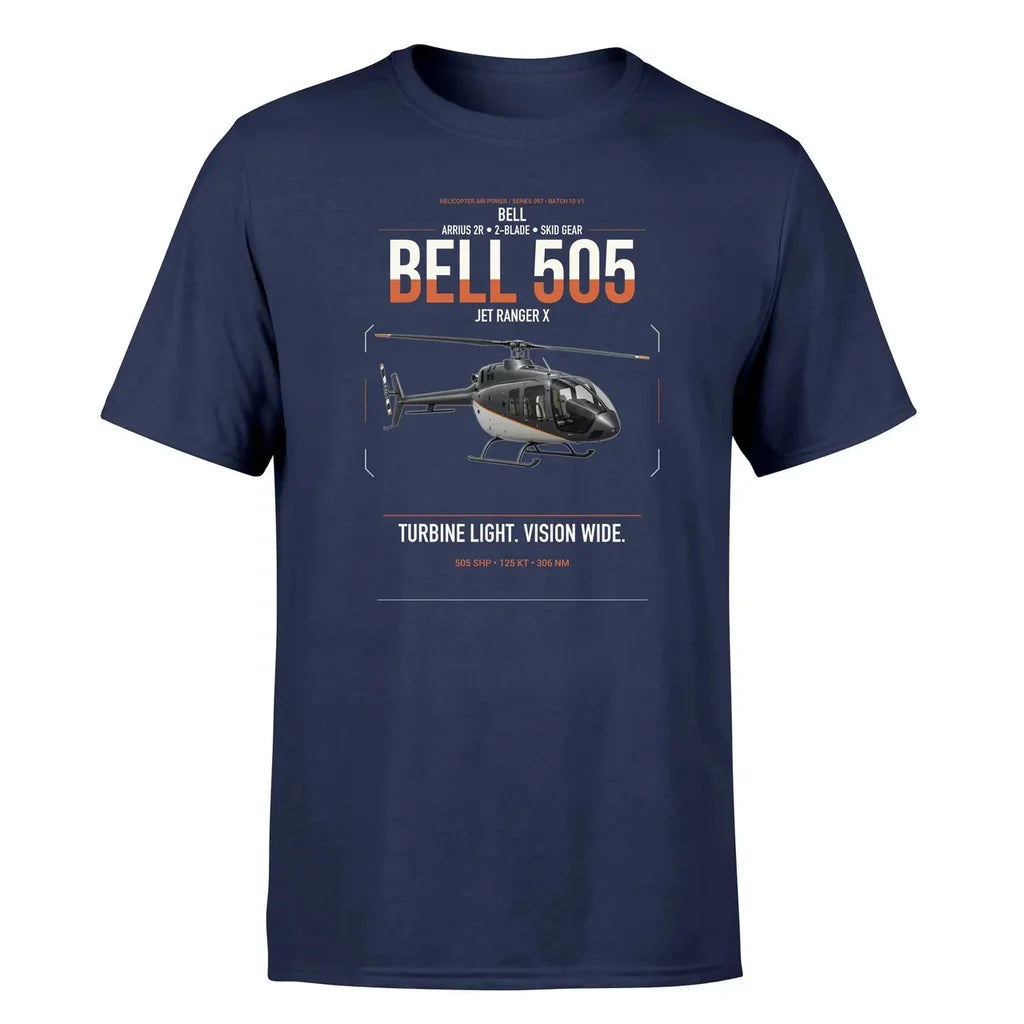 Bell 505 Jet Ranger X design on navy blue t-shirt, single-side print