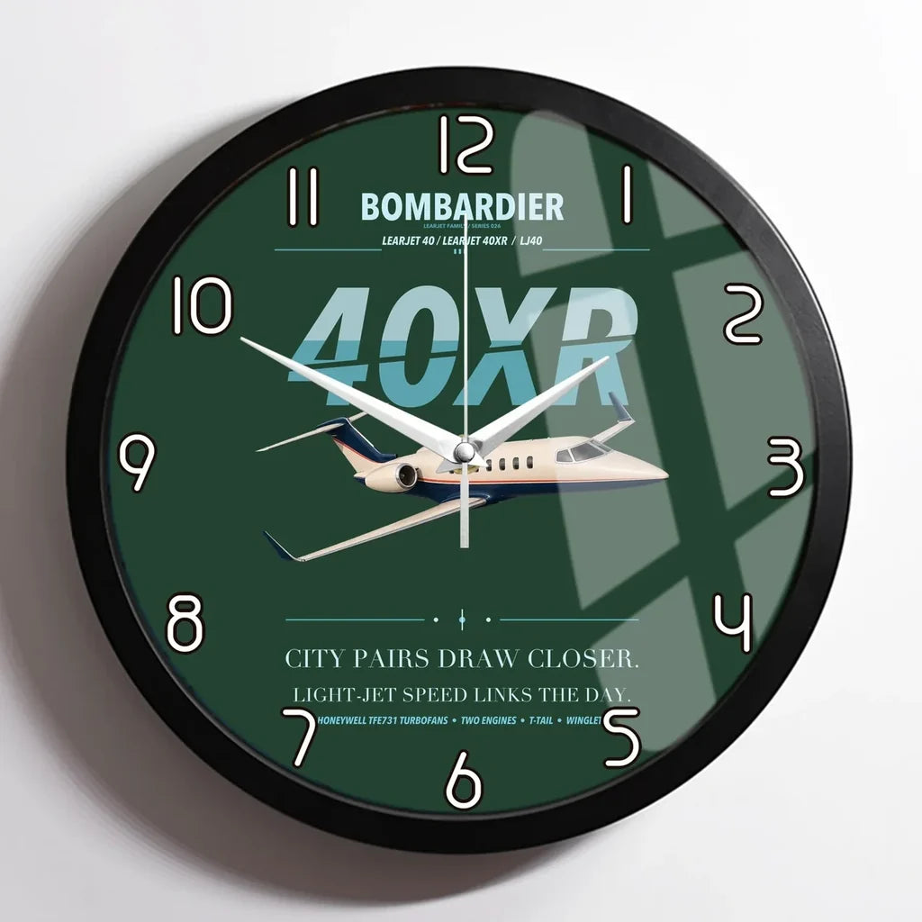 Bombardier Learjet 40XR design on dark green framed wall clock