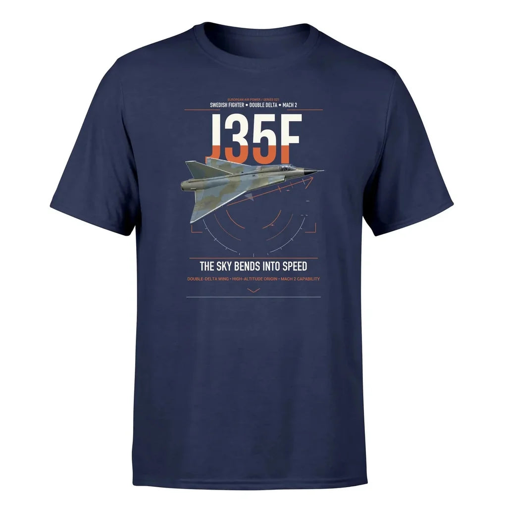 Saab J 35F Draken design on navy blue t-shirt, single-side print