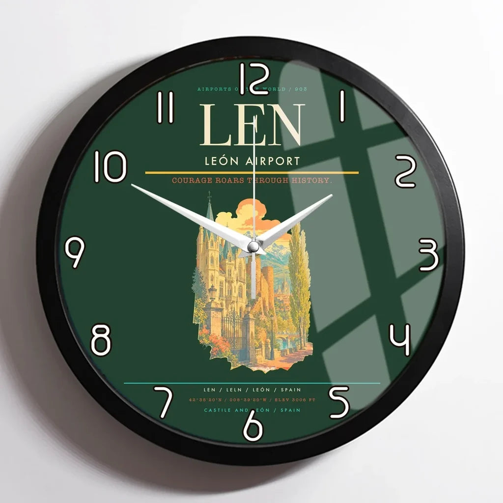 León Airport (LEN) design on dark green framed wall clock