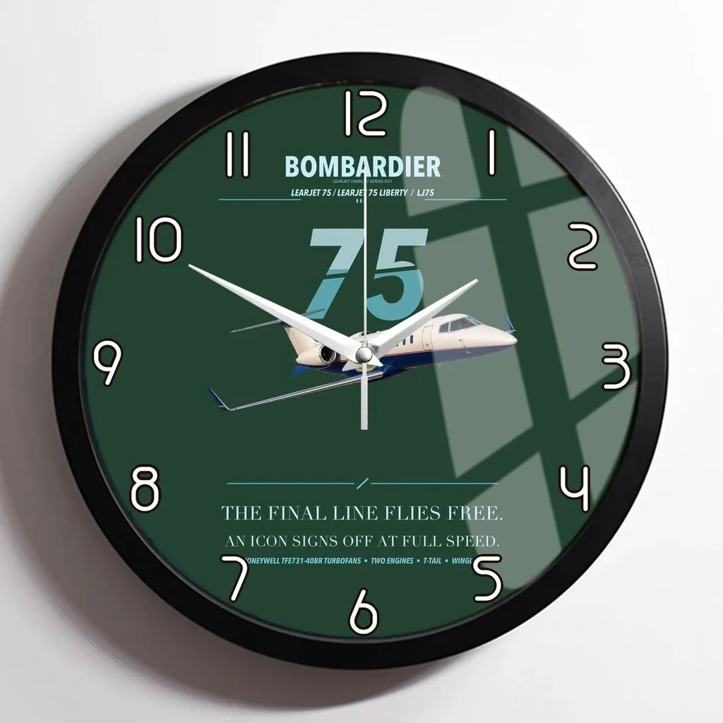 Bombardier Learjet 75 Liberty design on dark green framed wall clock