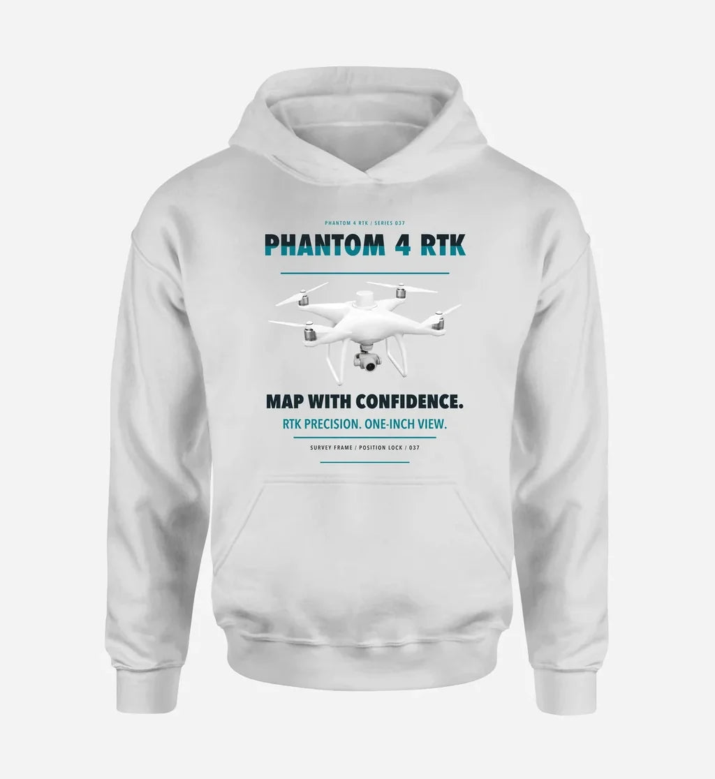 DJI Phantom 4 RTK design on white hoodie single side