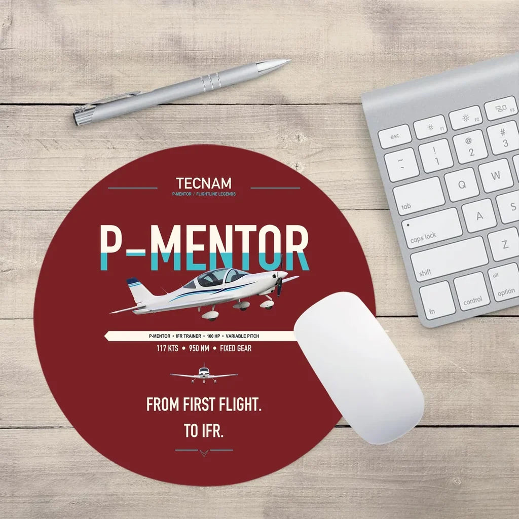 Tecnam P-Mentor design on dark red round mouse pad