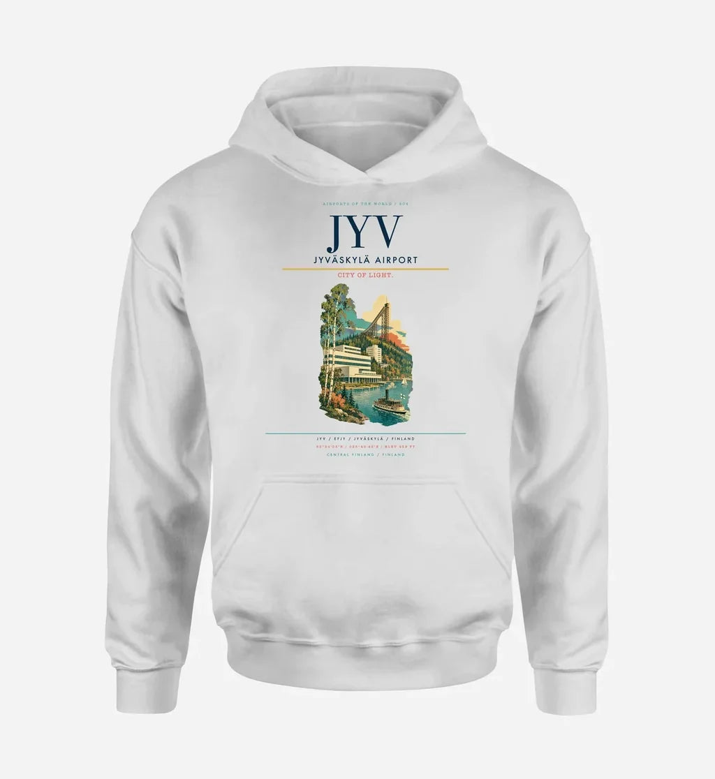 Jyväskylä Airport (JYV) design on white hoodie single-side print