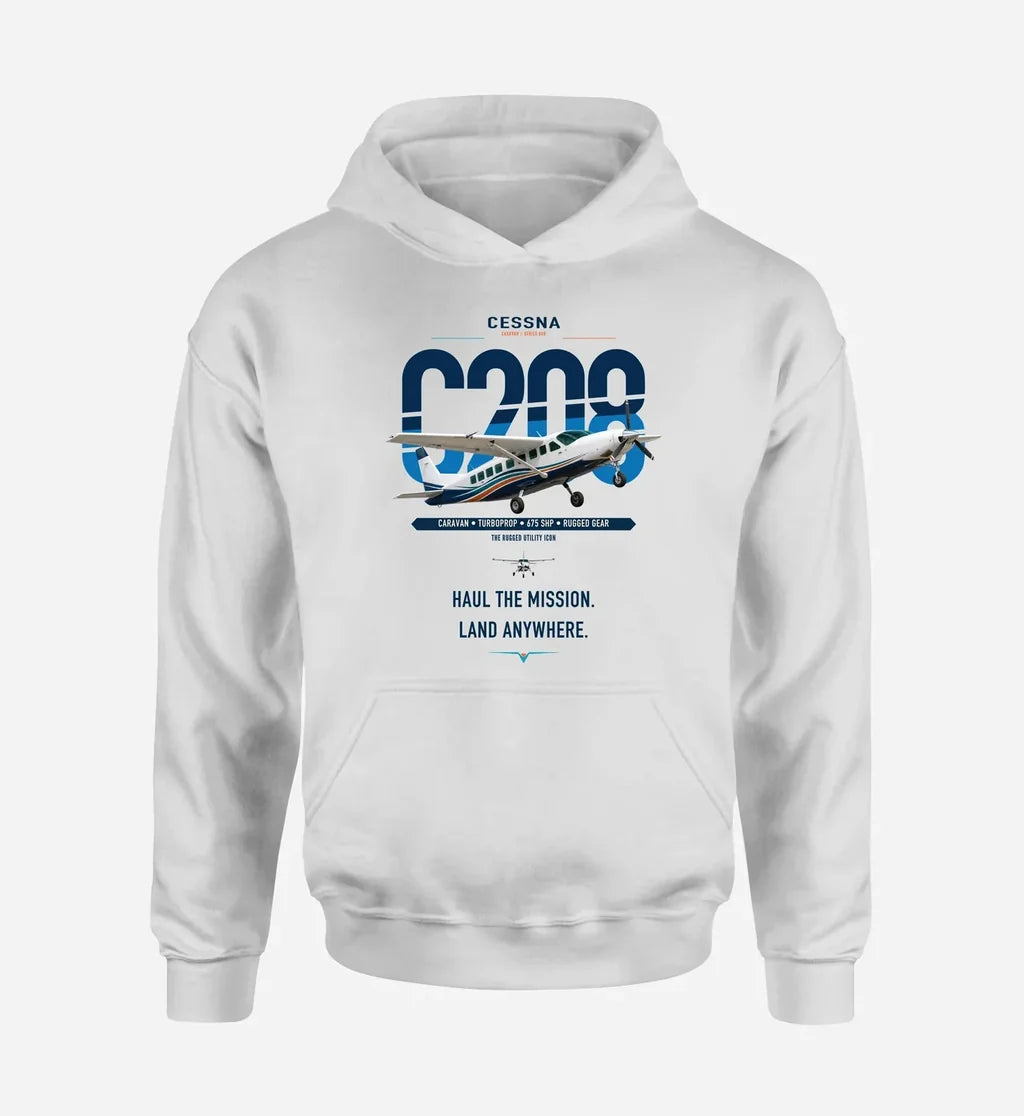 Cessna 208 Caravan design on white double-side hoodie, single-side print