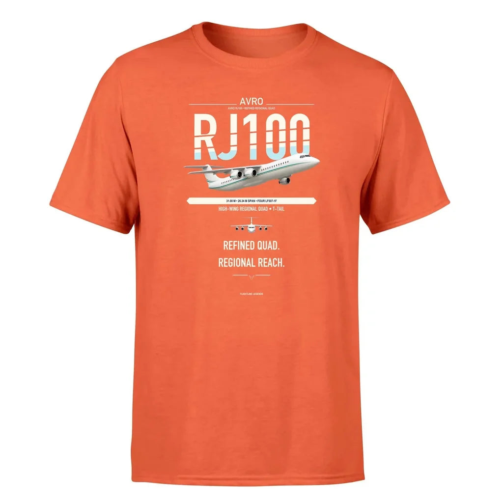 Avro RJ100 design on orange double-side t-shirt, single-side print