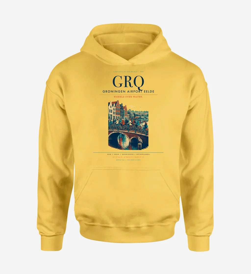 Groningen Airport Eelde (GRQ) design on yellow hoodie single-side print