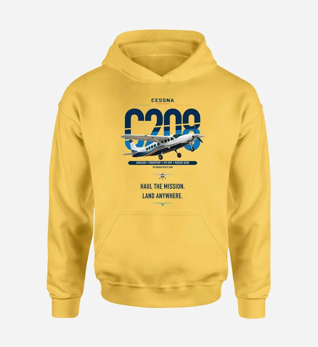 Cessna 208 Caravan design on yellow double-side hoodie, single-side print