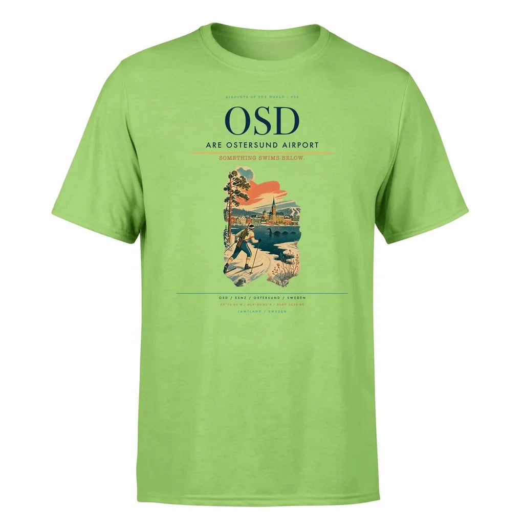 Are Ostersund Airport (OSD) T-Shirt single-side front print in Light Green | are-ostersund-airport-osd-double-side-t-shirt