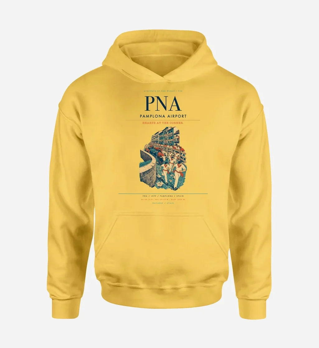 Pamplona Airport (PNA) design on yellow hoodie single-side print