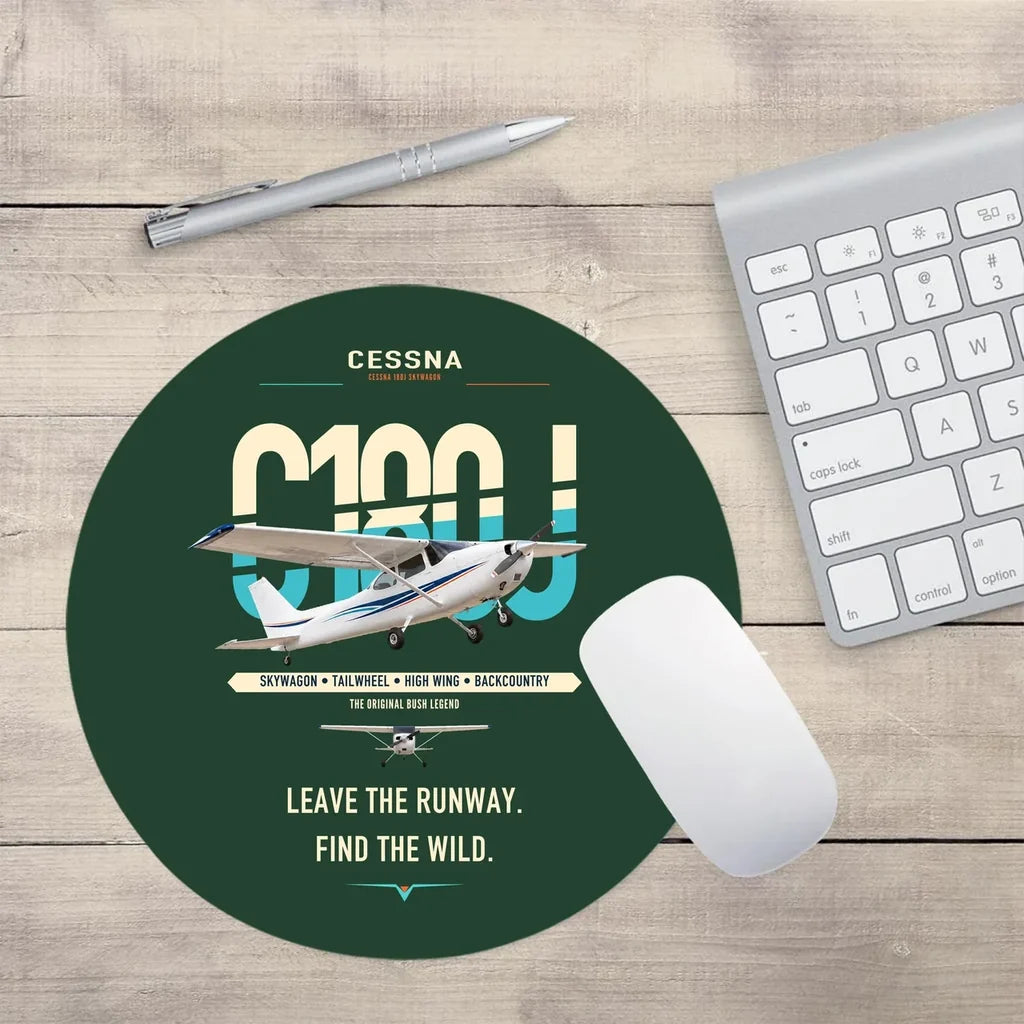 Cessna 180J Skywagon design on dark green round mouse pad