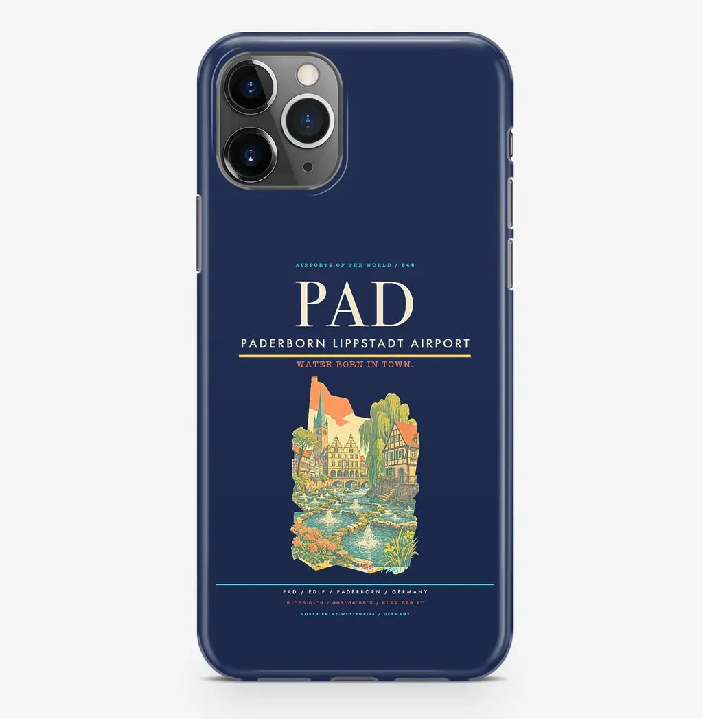 Paderborn Airport (PAD) design on navy blue iPhone 16 Pro MagSafe case