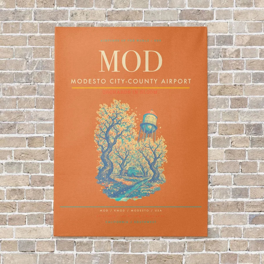 Modesto City-County Airport MOD vertical canvas print - no frame - orange background