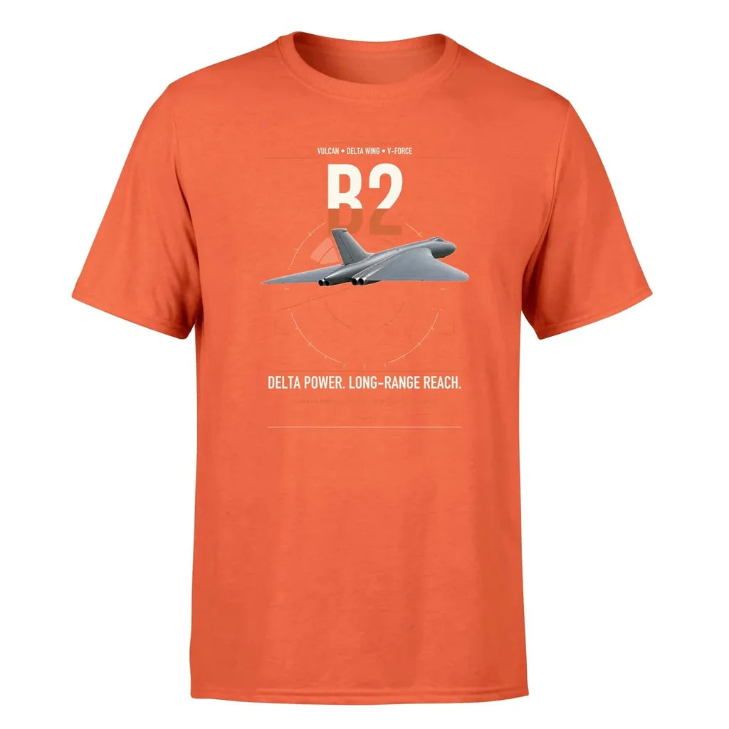 Avro Vulcan B2 design on orange t-shirt, single-side print