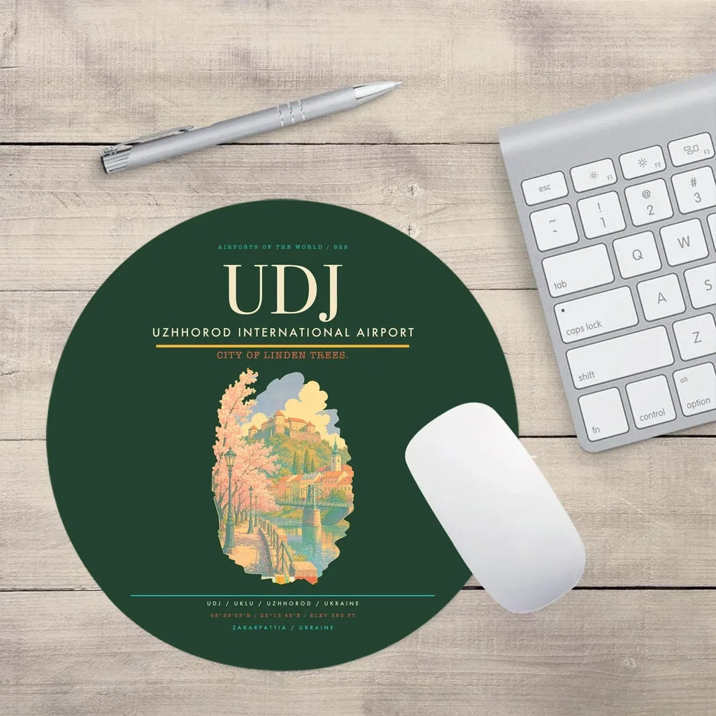 Uzhhorod International Airport (UDJ) design on dark green round mouse pad
