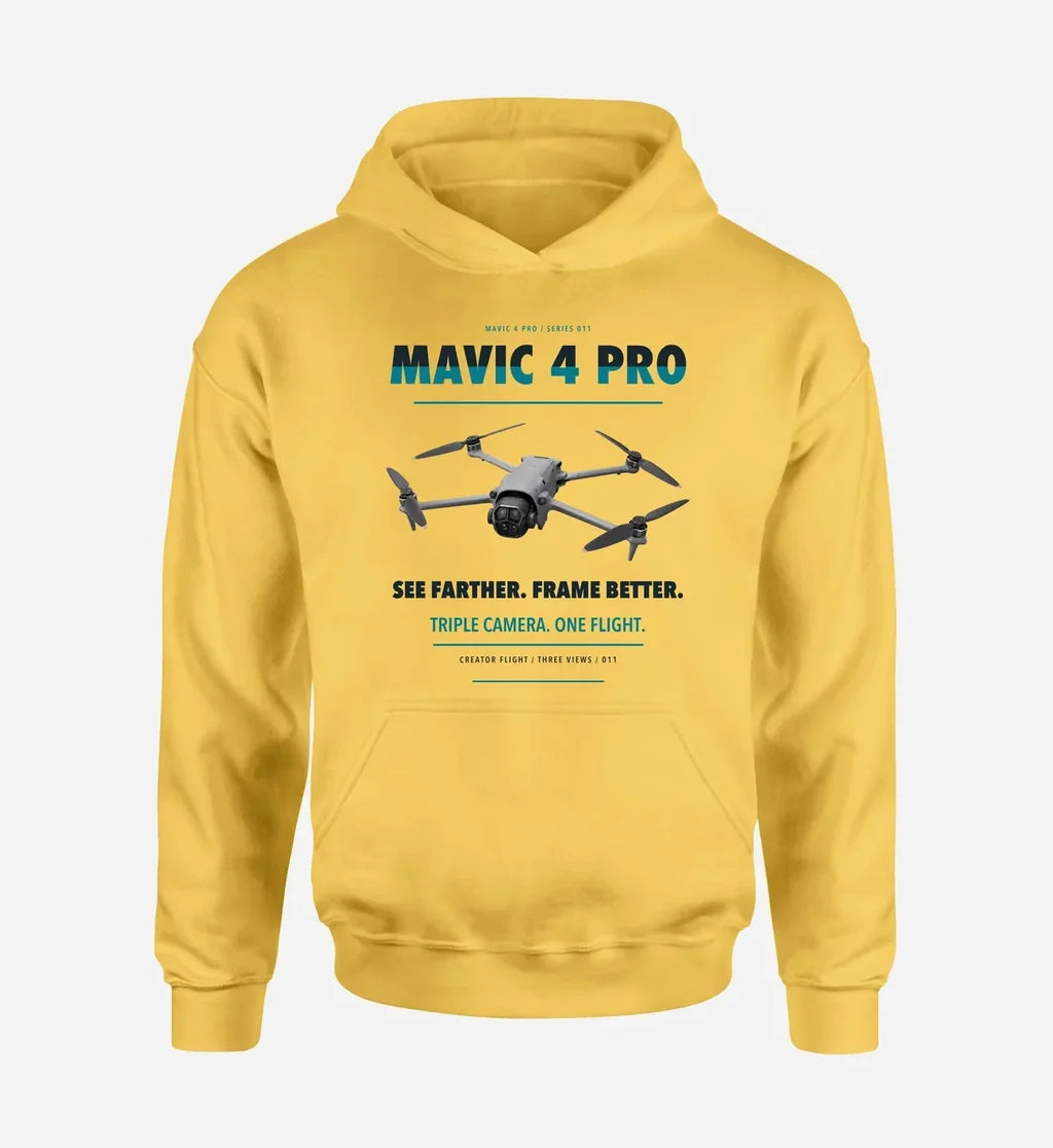 DJI Mavic 4 Pro design on yellow hoodie single side