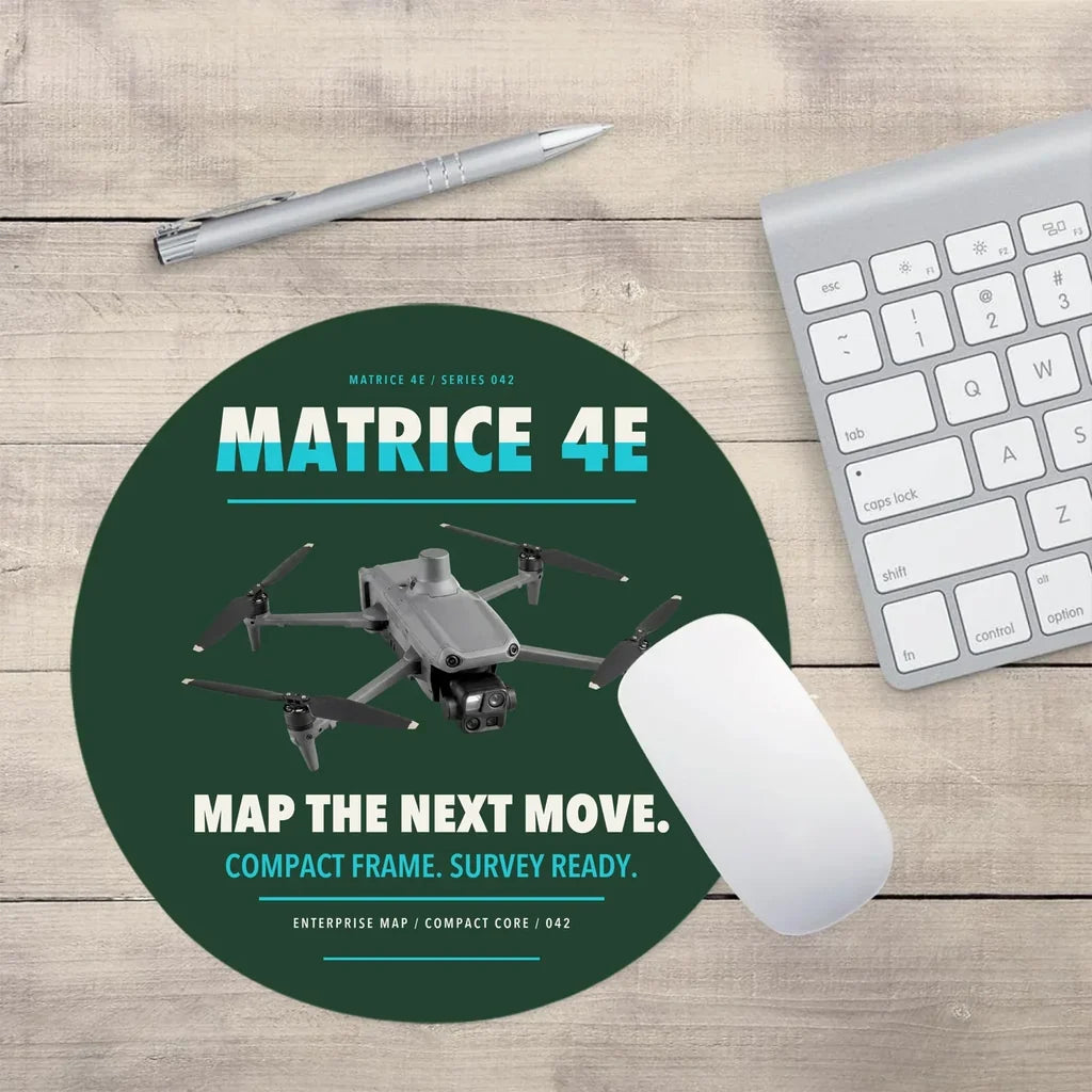 DJI Matrice 4E design on dark green round mouse pad