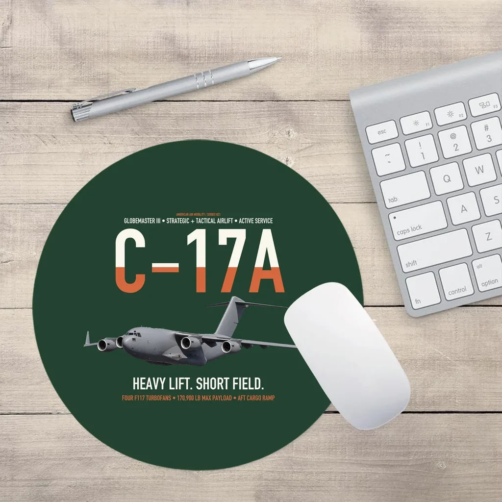 C-17A Globemaster III design on dark green round mouse pad