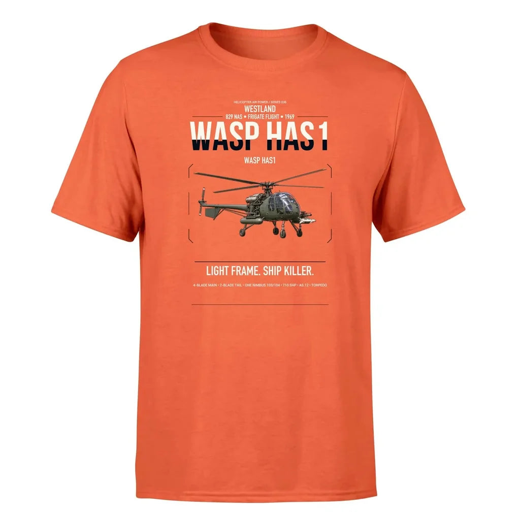 Westland Wasp HAS1 design on orange t-shirt, single-side print