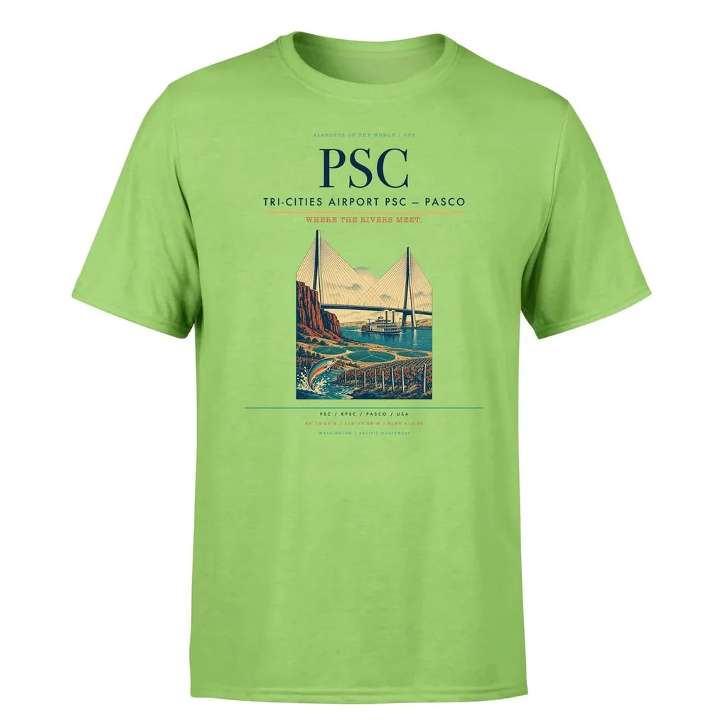 Tri-Cities Airport (PSC) T-Shirt single-side front print in Light Green | tri-cities-airport-psc-double-side-t-shirt