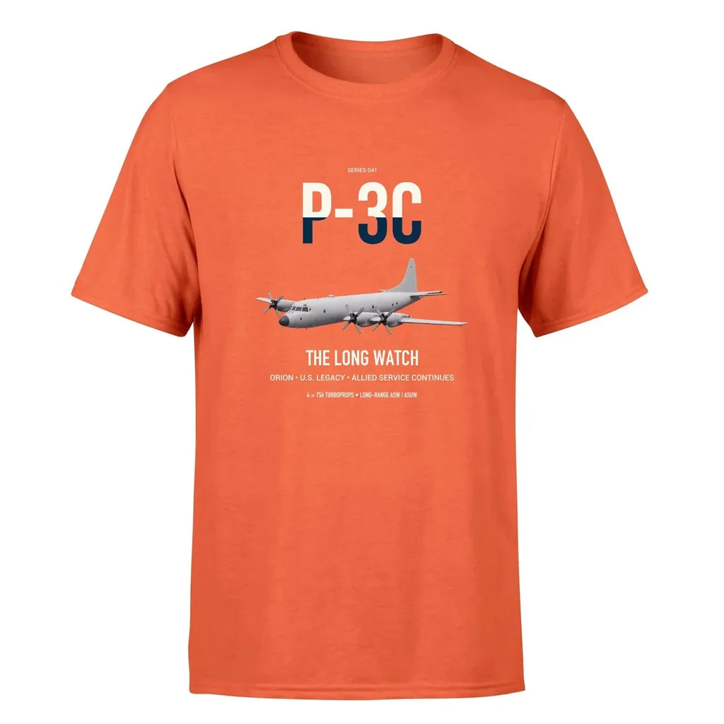 P-3C Orion design on orange double-side t-shirt, single-side print