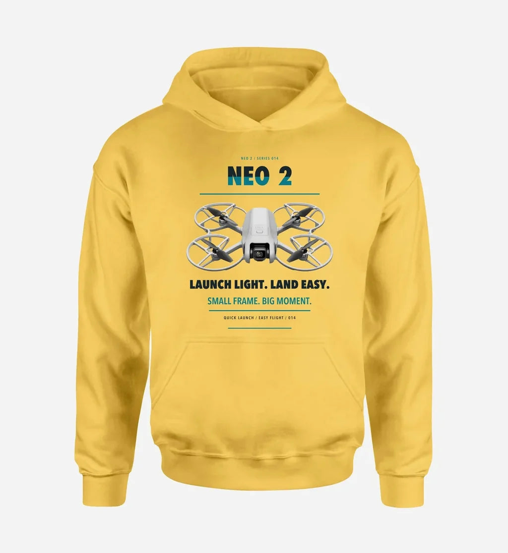 DJI Neo 2 design on yellow hoodie single side