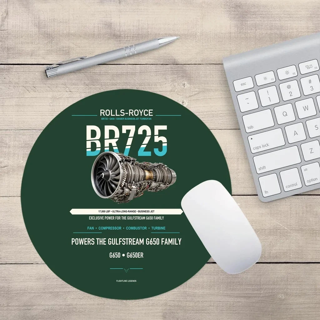 BR725 design on dark green round mouse pad