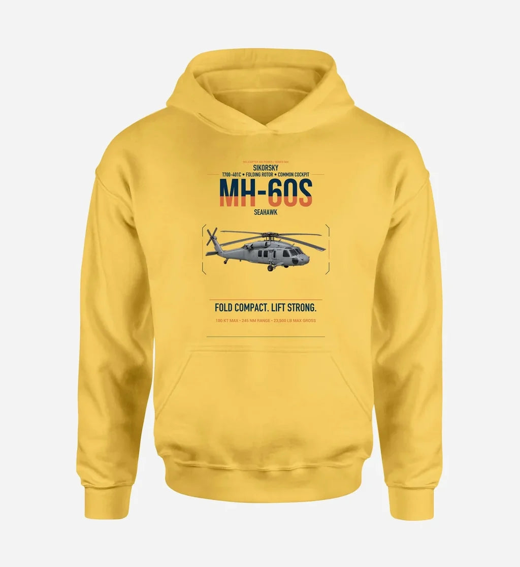 Sikorsky MH-60S Seahawk design on yellow double-side hoodie, single-side print