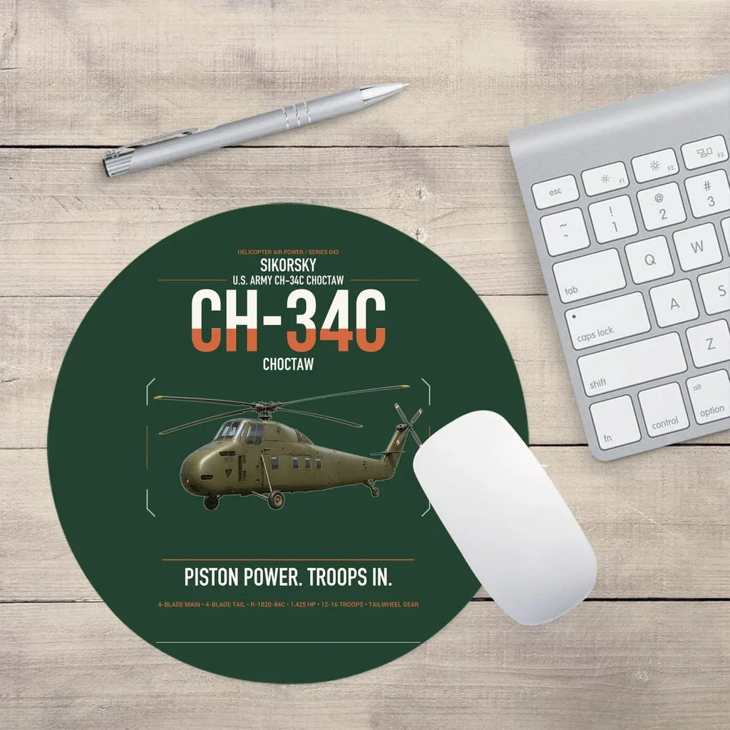 Sikorsky CH-34C Choctaw design on dark green round mouse pad