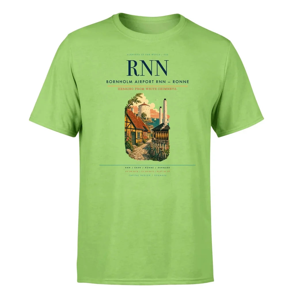 Bornholm Airport (RNN) T-Shirt single-side front print in Light Green | bornholm-airport-rnn-double-side-t-shirt