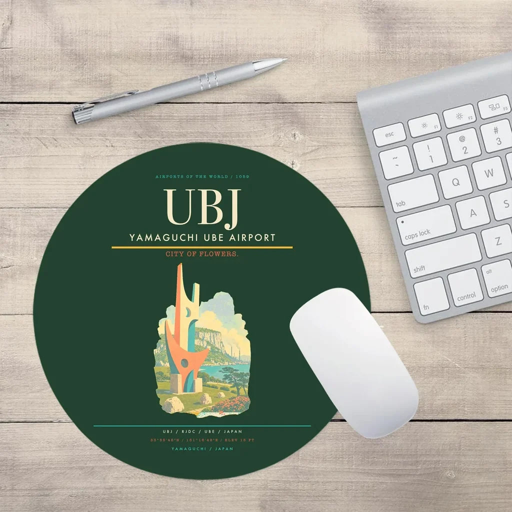 Yamaguchi Ube Airport (UBJ) design on dark green round mouse pad