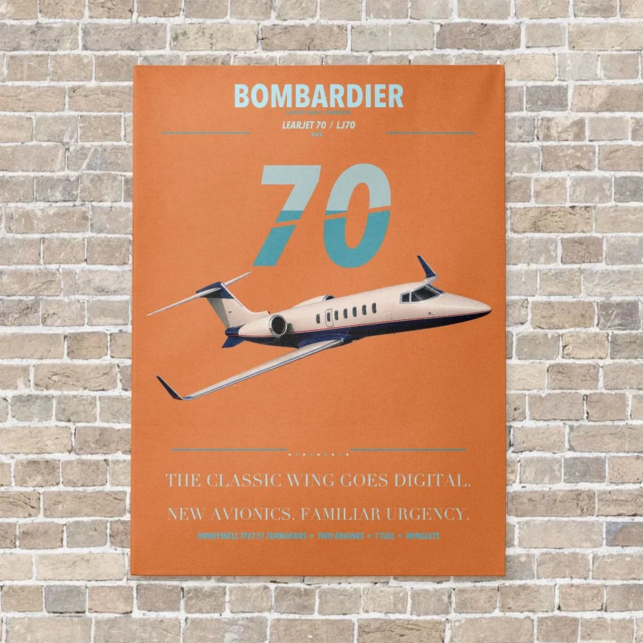 Bombardier Learjet 70 vertical canvas print - no frame - orange background