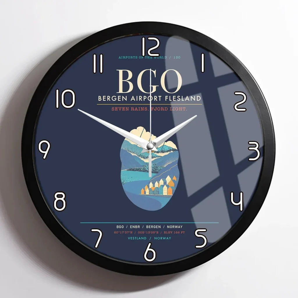 Bergen Airport Flesland BGO - Seven-Rain Fjord Tapestry Wall-Clock Framed - Navy Blue
