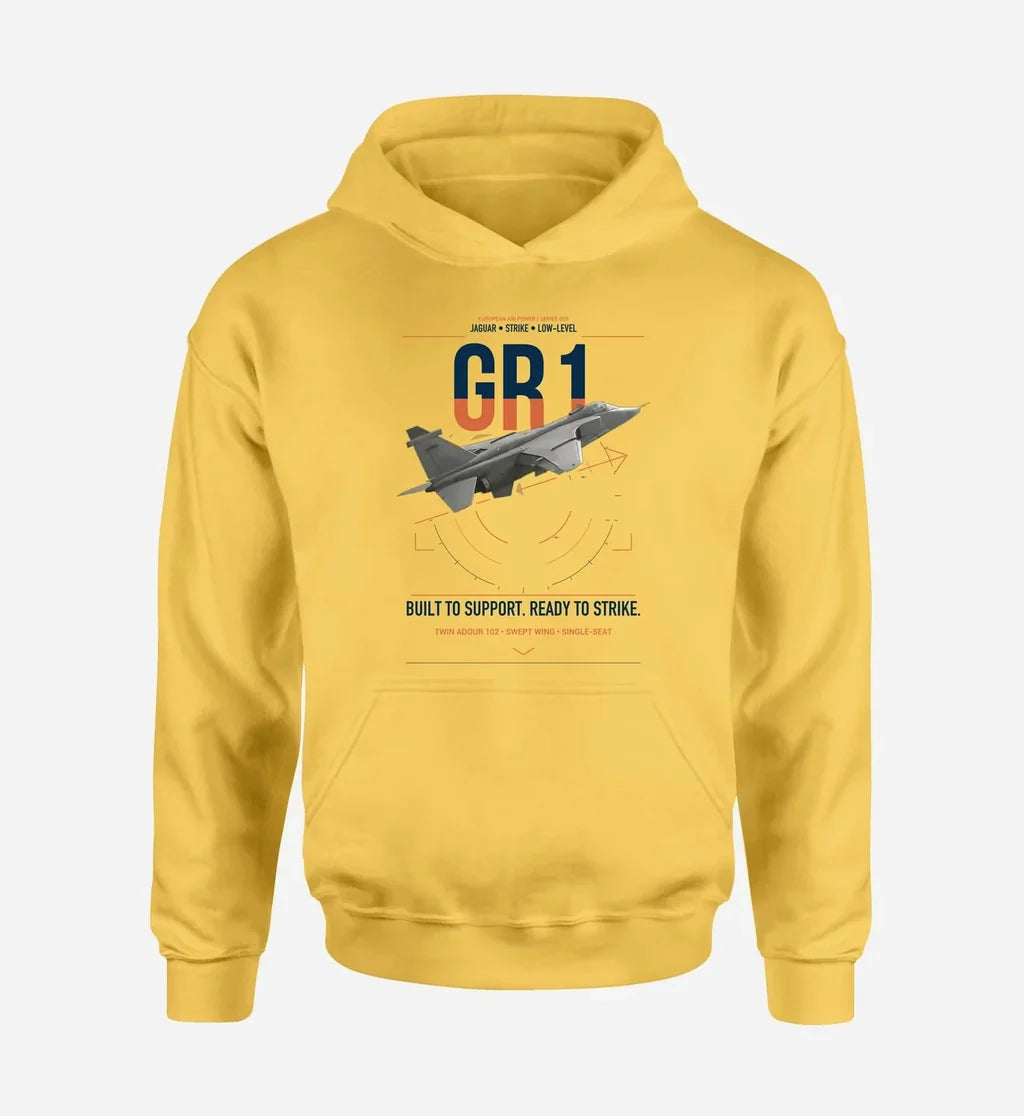 SEPECAT Jaguar GR1 design on yellow double-side hoodie, single-side print