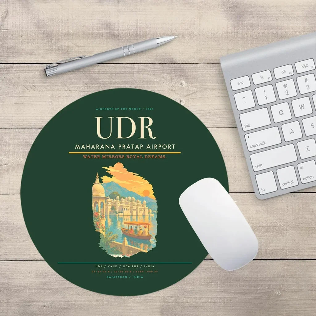 Maharana Pratap Airport (UDR) design on dark green round mouse pad
