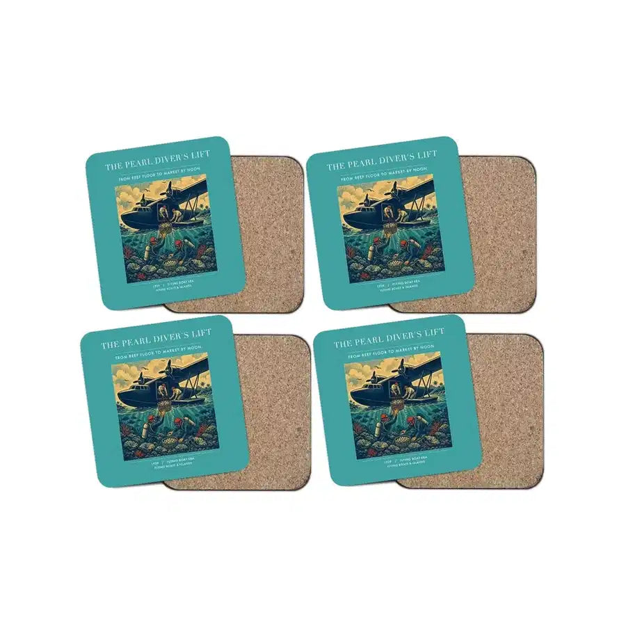 The Pearl Diver's Lift - Designed Coasters design on turquoise 4-pieces-set