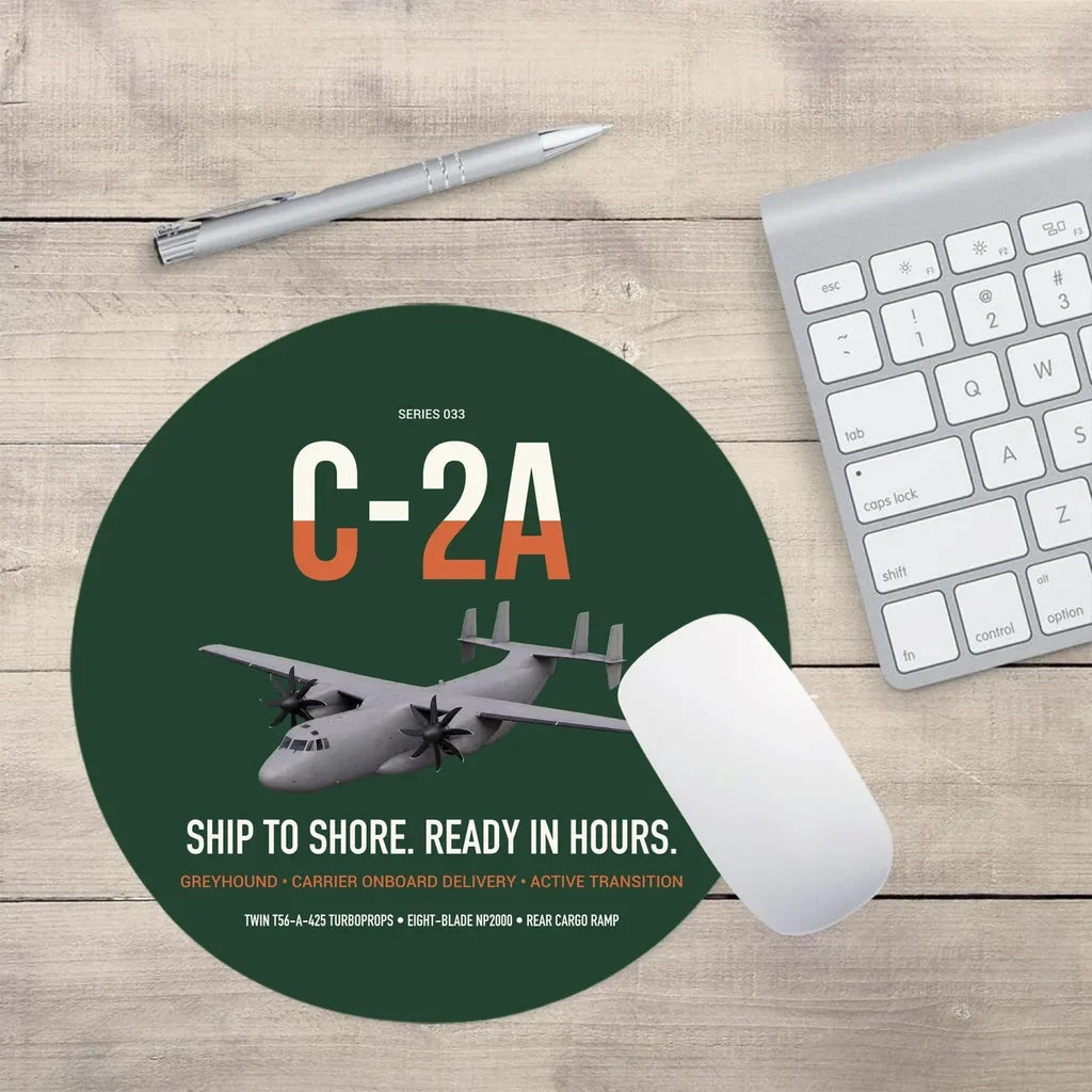 C-2A Greyhound design on dark green round mouse pad