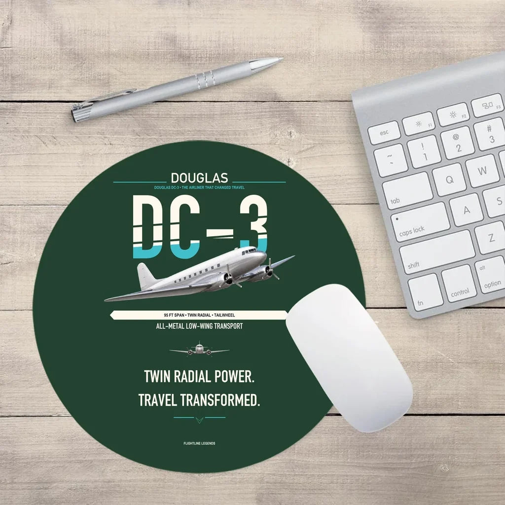 Douglas DC-3 design on dark green round mouse pad