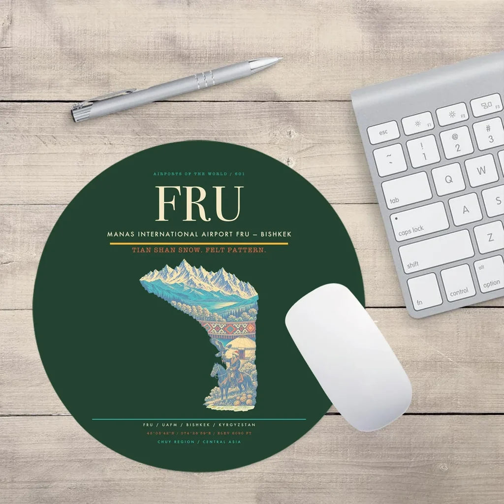 Manas International Airport (FRU) design on dark green round mouse pad