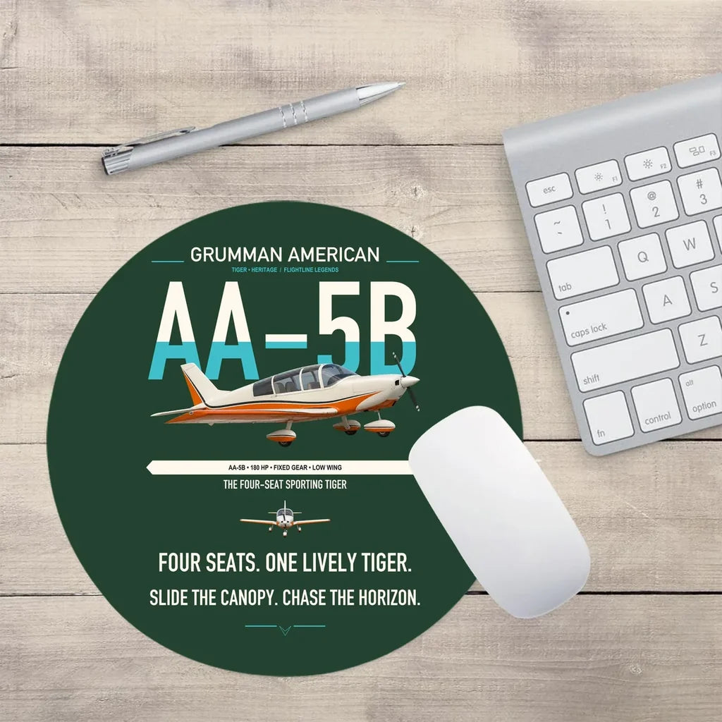 Grumman American AA-5B Tiger design on dark green round mouse pad