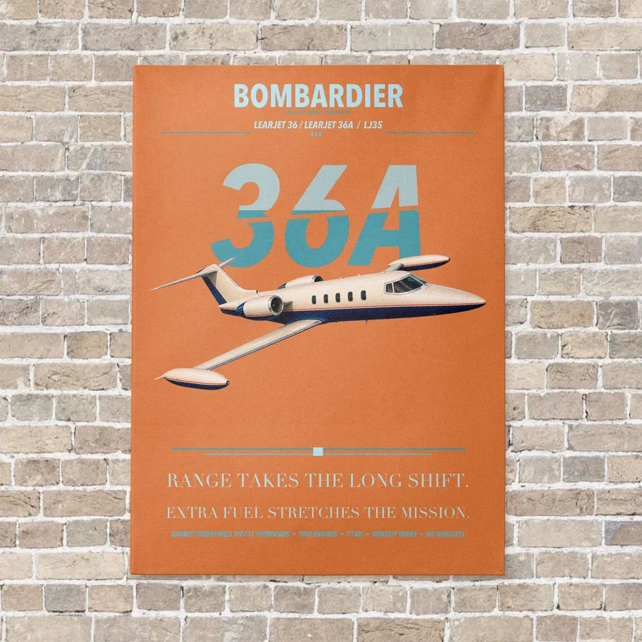 Bombardier Learjet 36A vertical canvas print - no frame - orange background