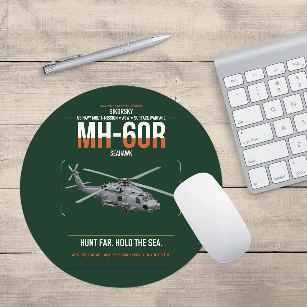 Sikorsky MH-60R Seahawk design on dark green round mouse pad