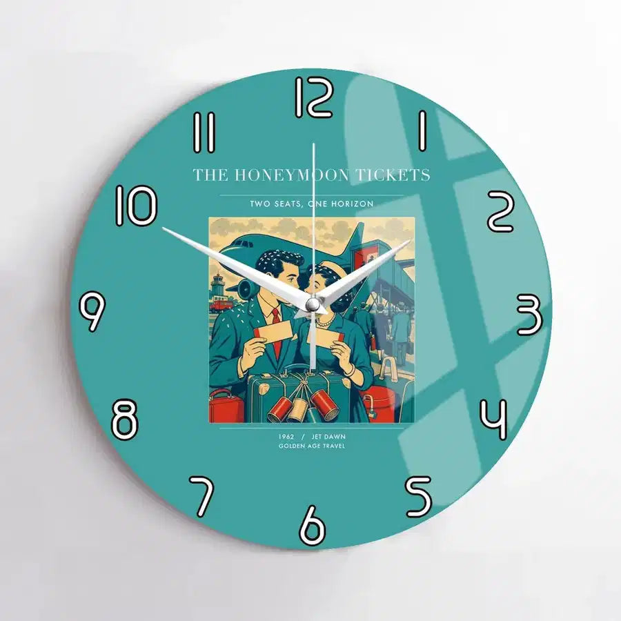 VINTAGE G4227 - The Honeymoon Tickets - Designed Wall Clocks design on turquoise no-frame