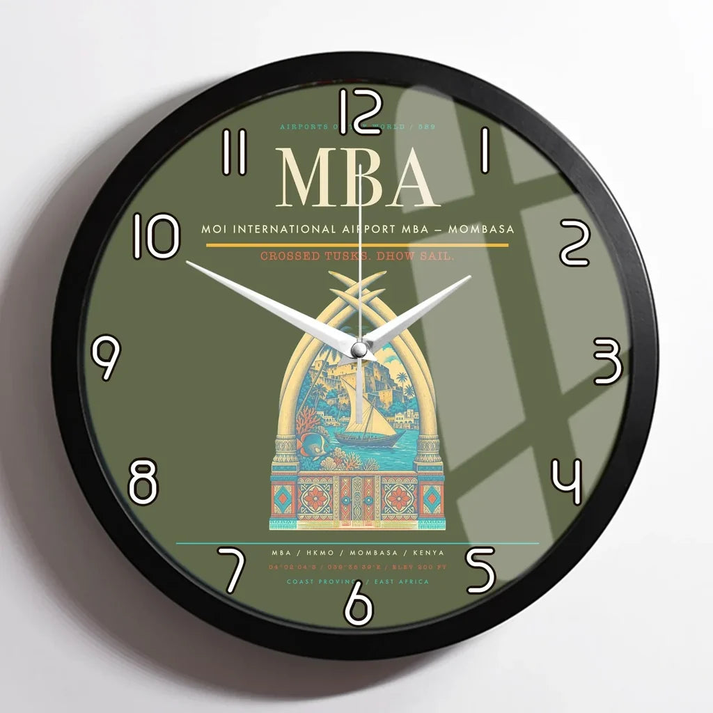 Moi International Airport (MBA) design on green army framed wall clock