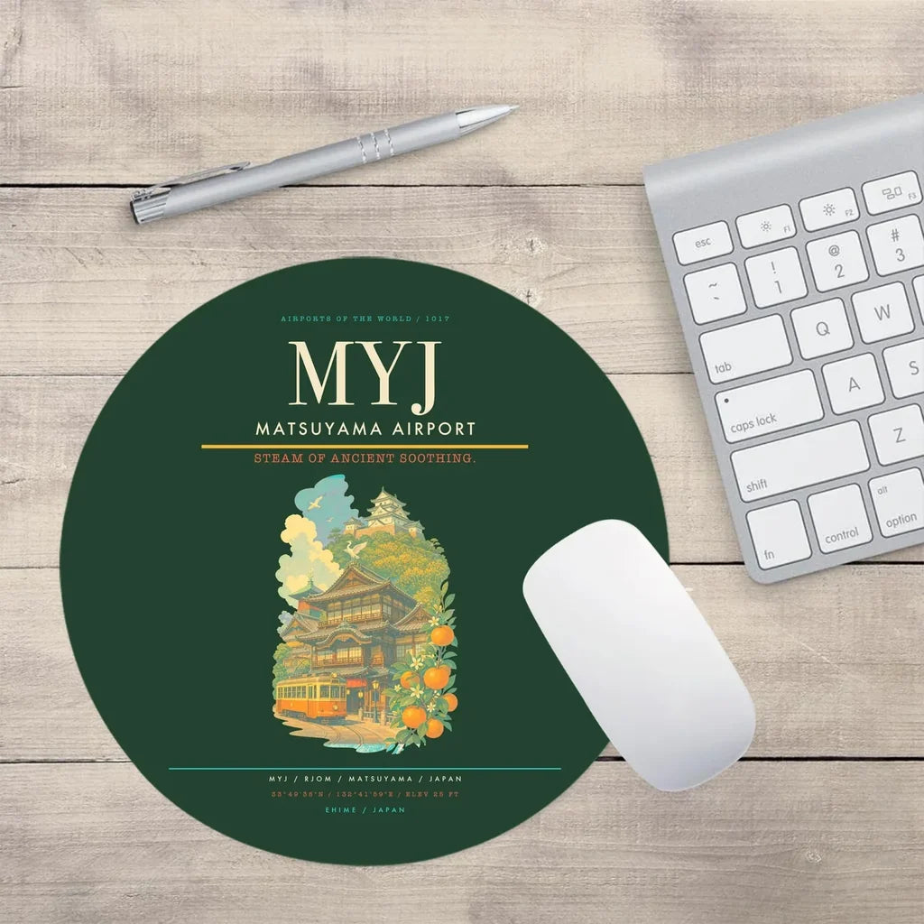 Matsuyama Airport (MYJ) design on dark green round mouse pad