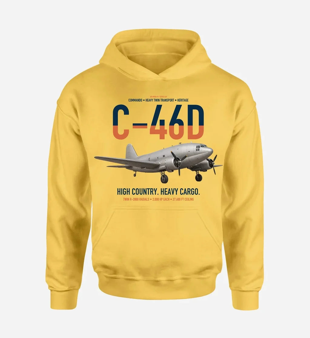 C-46D Commando design on yellow double-side hoodie, single-side print
