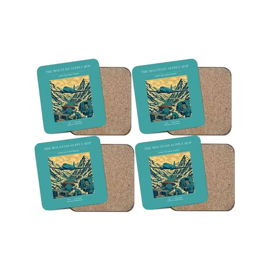 The Mountain Supply Hop - Designed Coasters design on turquoise 4-pieces-set